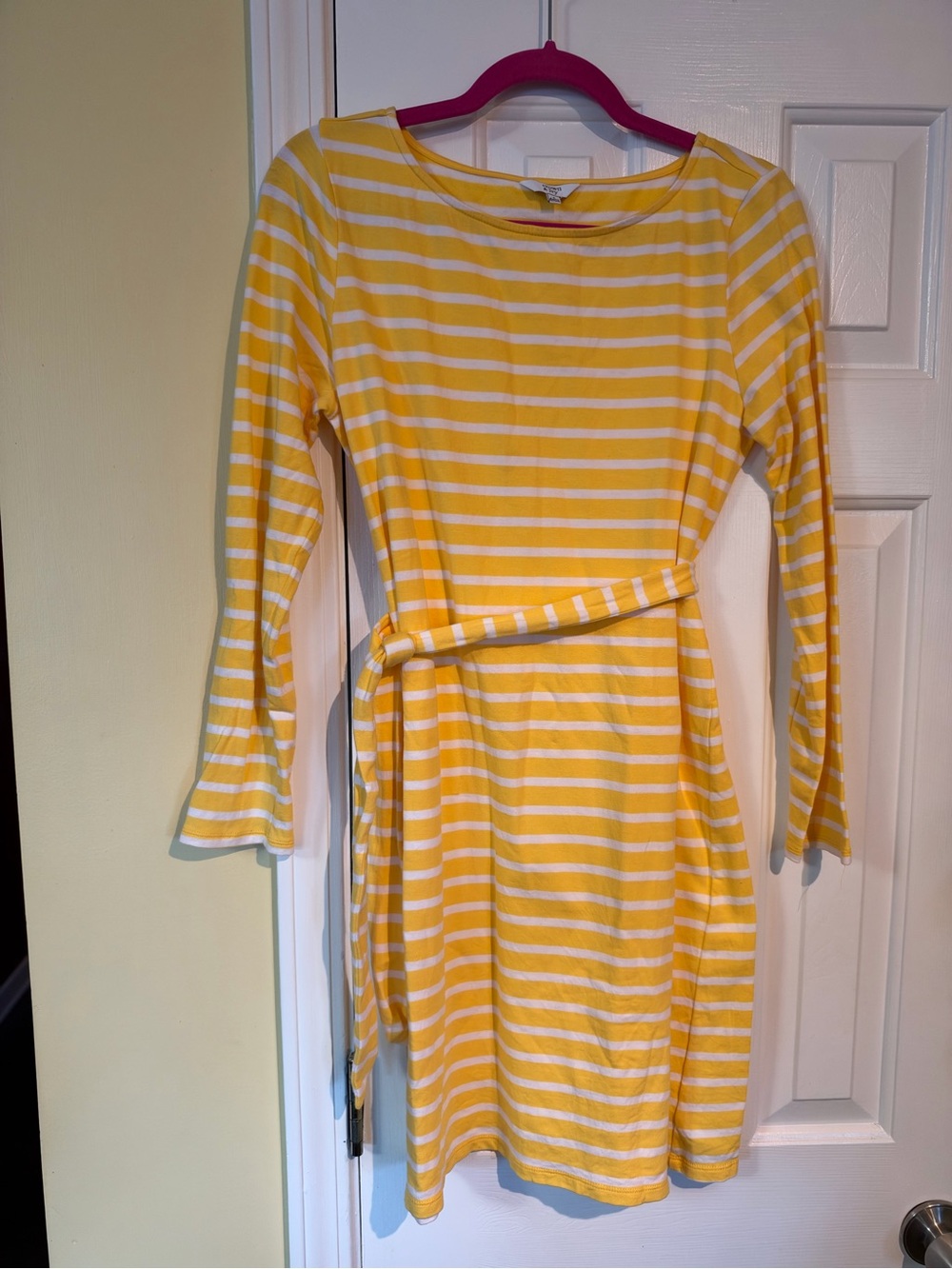 crown & ivy Yellow and White Striped Long-Sleeve Belted Dress